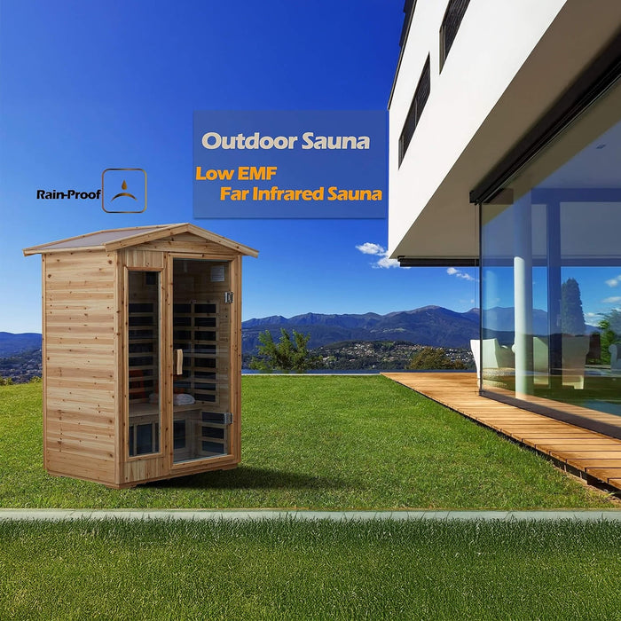 Thermora Luxury 2 - Person Outdoor Low EMF Hemlock Infrared Sauna With Bluetooth And Chromotherapy Light (SAK97318) - Elite Recovery Wellness