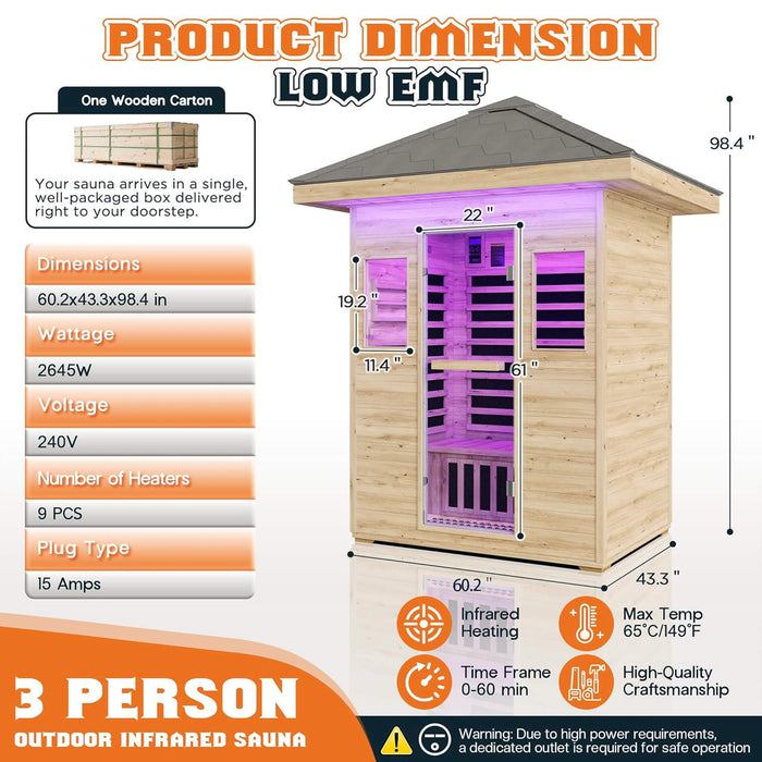 Thermora Zurich 3 - Person Low EMF Spruce Wood Outdoor Infrared Sauna With Bluetooth Speakers And LED Lights (SAK59047) - Elite Recovery Wellness