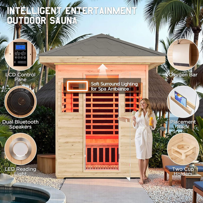 Thermora Zurich 3 - Person Low EMF Spruce Wood Outdoor Infrared Sauna With Bluetooth Speakers And LED Lights (SAK59047) - Elite Recovery Wellness