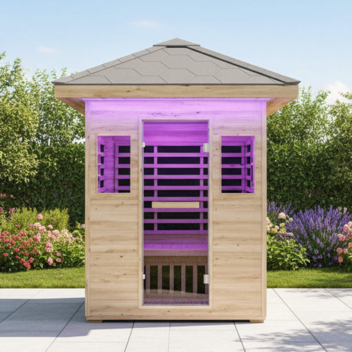 Thermora Zurich 3 - Person Low EMF Spruce Wood Outdoor Infrared Sauna With Bluetooth Speakers And LED Lights (SAK59047) - Elite Recovery Wellness