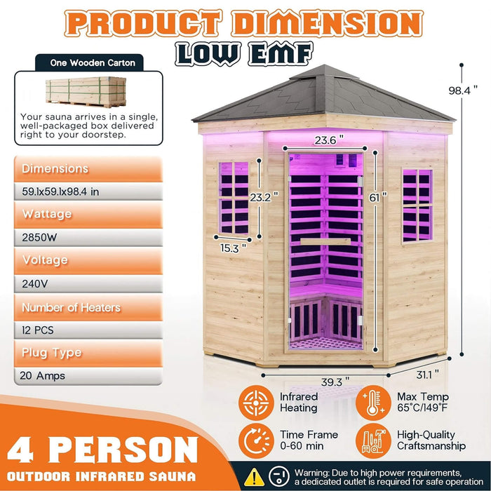 Thermora Monaco 4 - Person Low EMF Spruce Wood Outdoor Infrared Sauna With Bluetooth Speakers And LED Lights (SAK16270) - Elite Recovery Wellness