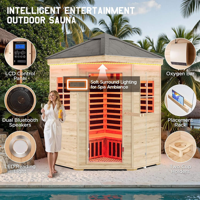 Thermora Monaco 4 - Person Low EMF Spruce Wood Outdoor Infrared Sauna With Bluetooth Speakers And LED Lights (SAK16270) - Elite Recovery Wellness