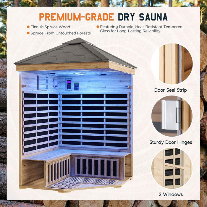 Thermora Monaco 4 - Person Low EMF Spruce Wood Outdoor Infrared Sauna With Bluetooth Speakers And LED Lights (SAK16270) - Elite Recovery Wellness