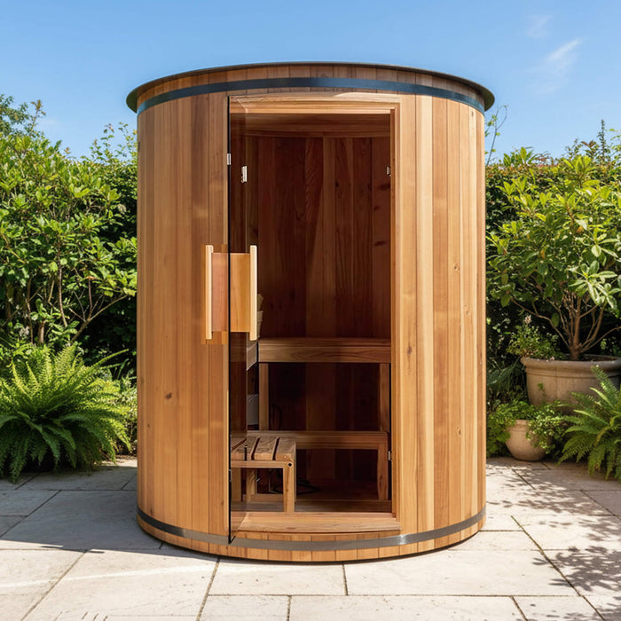 Thermora Barcelona Premium 78 - Inch 4 - Person Cedar Wood Outdoor Vertical Barrel Sauna With 6KW Heater, LED Lights And Stones (SAK74813) - Elite Recovery Wellness