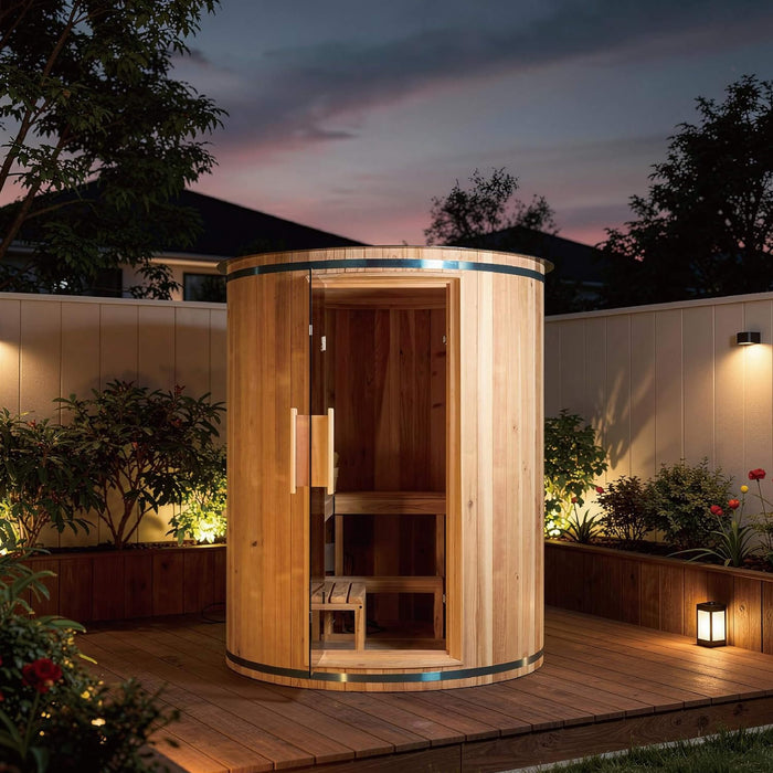 Thermora Barcelona Premium 78 - Inch 4 - Person Cedar Wood Outdoor Vertical Barrel Sauna With 6KW Heater, LED Lights And Stones (SAK74813) - Elite Recovery Wellness