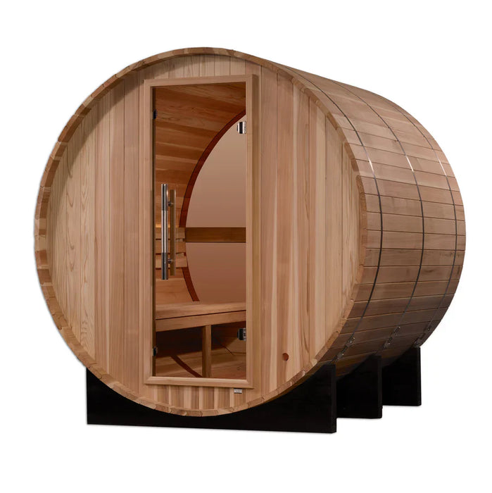 Golden Designs “Zurich” 4-Person Barrel Traditional Sauna – Premium Outdoor Pacific Cedar Sauna