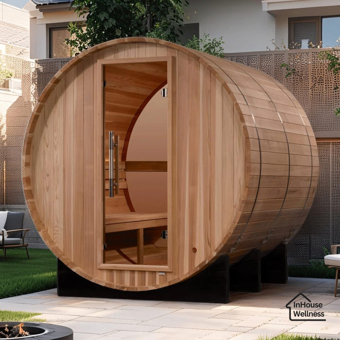 Golden Designs “Zurich” 4-Person Barrel Traditional Sauna – Premium Outdoor Pacific Cedar Sauna