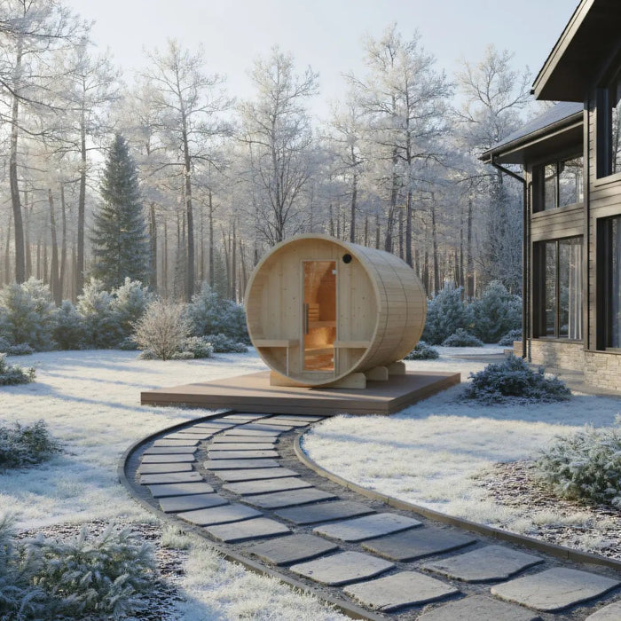 Turku Finnish Barrel Sauna with Terrace and WiFi Heater - Finnish Sauna Builders - Elite Recovery Wellness