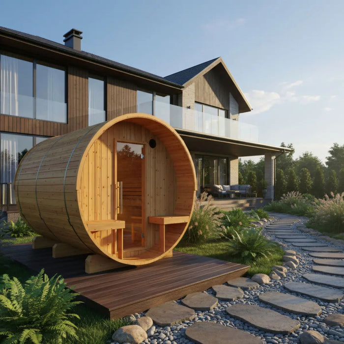 Turku Finnish Barrel Sauna with Terrace and WiFi Heater - Finnish Sauna Builders - Elite Recovery Wellness