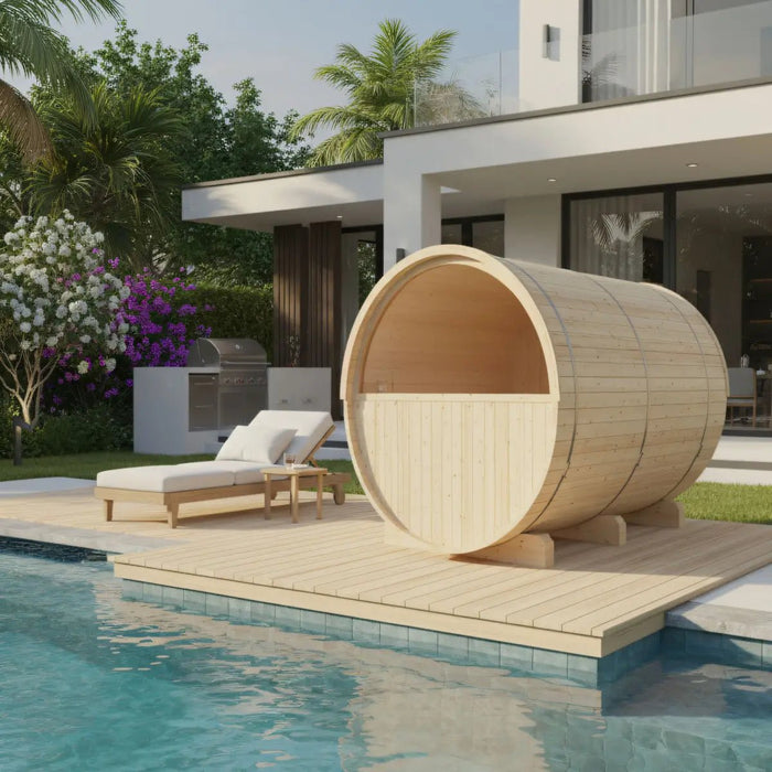 Turku Finnish Barrel Sauna with Terrace and WiFi Heater - Finnish Sauna Builders - Elite Recovery Wellness