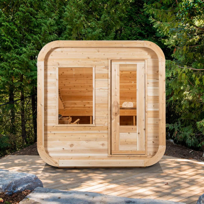 Dundalk Leisurecraft 4 - Person Canadian Timber Luna Cube Sauna With Sloped Roof And Front Window [CTC22LU] (SAK96475) - Elite Recovery Wellness