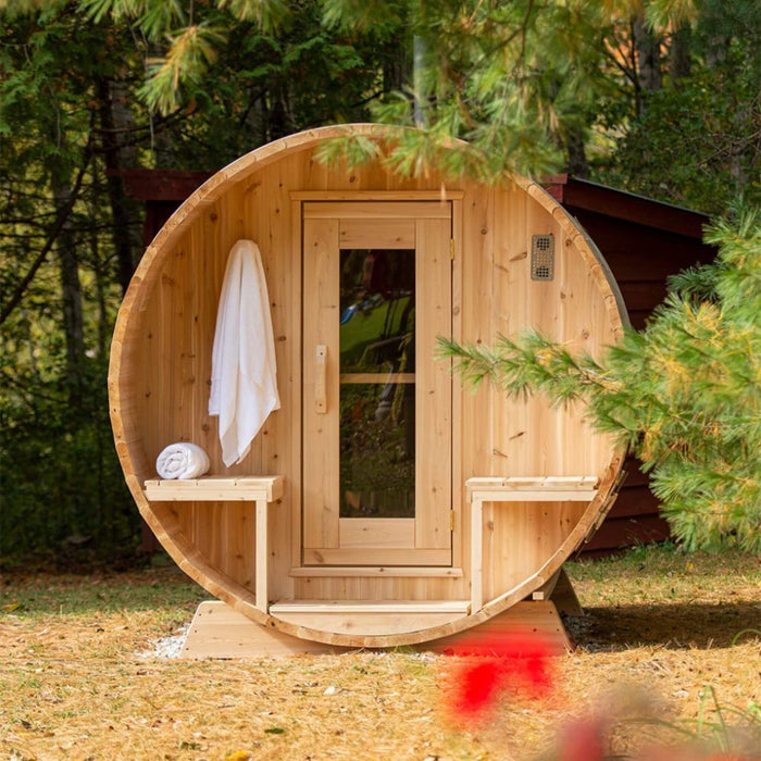 Dundalk Leisurecraft 4 - Person Canadian Timber Serenity Barrel Sauna With Solid Wood Benches [CTC2245W] (SAK94862) - Elite Recovery Wellness