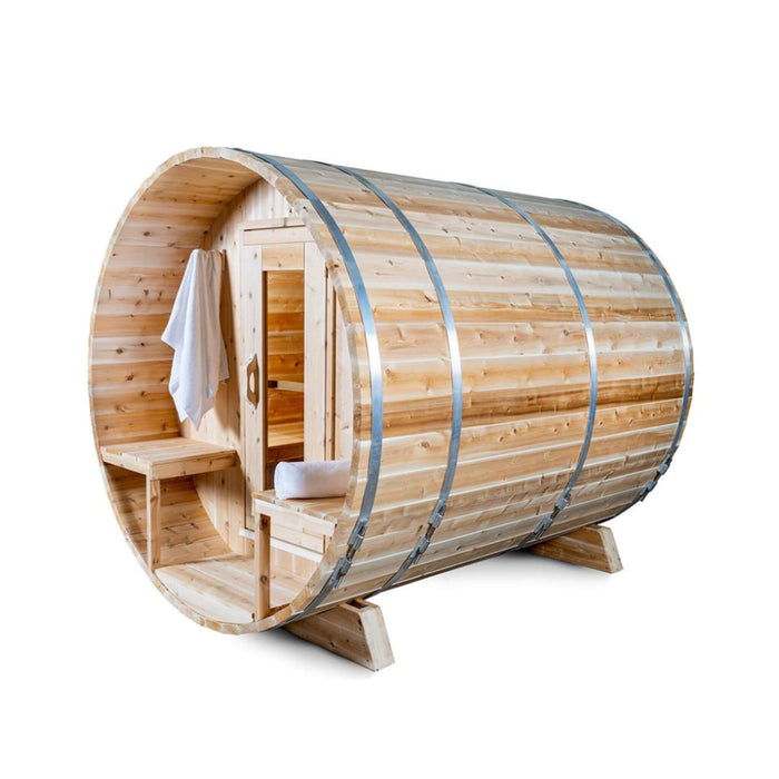Dundalk Leisurecraft 4 - Person Canadian Timber Serenity Barrel Sauna With Solid Wood Benches [CTC2245W] (SAK94862) - Elite Recovery Wellness