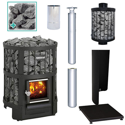 Harvia Legend 150 SS WH Sauna Stove Package – 16kW Wood-Burning Sauna Heater with Water Tank & Chimney Kit