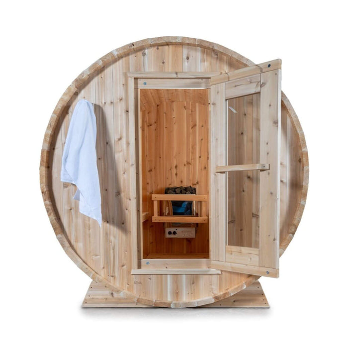 Dundalk Leisurecraft 84 - Inch 4 - Person Canadian Timber Harmony Barrel Sauna With Solid Wood Benches [CTC22W] (SAK96842) - Elite Recovery Wellness