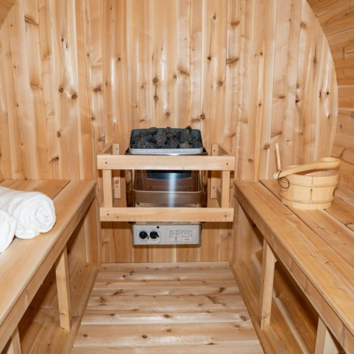 Dundalk Leisurecraft 84 - Inch 4 - Person Canadian Timber Harmony Barrel Sauna With Solid Wood Benches [CTC22W] (SAK96842) - Elite Recovery Wellness