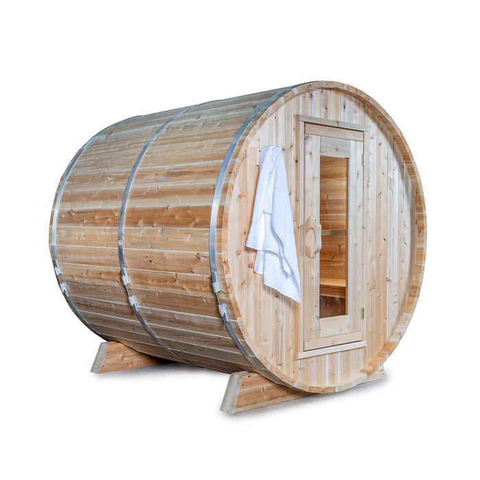 Dundalk Leisurecraft 84 - Inch 4 - Person Canadian Timber Harmony Barrel Sauna With Solid Wood Benches [CTC22W] (SAK96842) - Elite Recovery Wellness