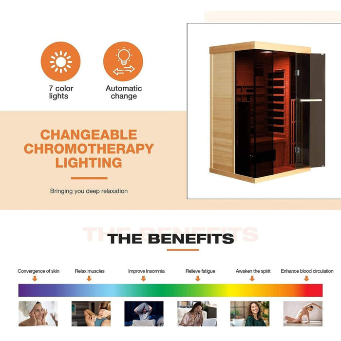 Thermora Valen Luxury 2 - Person Low EMF FAR Infrared Heat Wood Home Personal Spa Sauna W/ Panoramic Tempered Glass, 2000W (SAK27481) - Elite Recovery Wellness