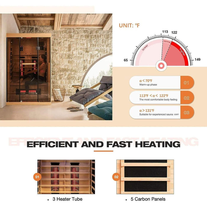 Thermora Valen Luxury 2 - Person Low EMF FAR Infrared Heat Wood Home Personal Spa Sauna W/ Panoramic Tempered Glass, 2000W (SAK27481) - Elite Recovery Wellness