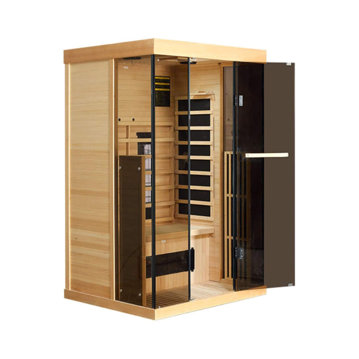 Thermora Valen Luxury 2 - Person Low EMF FAR Infrared Heat Wood Home Personal Spa Sauna W/ Panoramic Tempered Glass, 2000W (SAK27481) - Elite Recovery Wellness