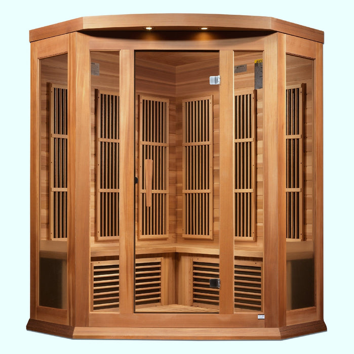 Maxxus 3-Person Corner Low EMF FAR Infrared Sauna – Canadian Hemlock