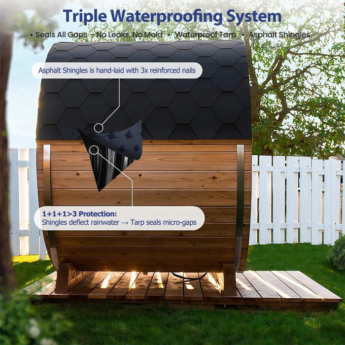 Thermora Premium All - Weather Outdoor Pinewood Barrel Sauna Kit With 4.5KW Heater And Tempered Glass Window (SAK91462) - Elite Recovery Wellness