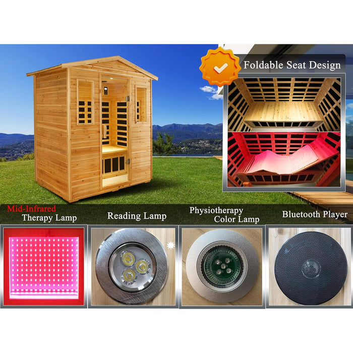 Thermora Deluxe 3 - Person Outdoor Full Spectrum Low EMF Infrared Home Sauna With Bluetooth Speakers And LED Reading Light (SAK14098) - Elite Recovery Wellness