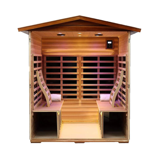 Thermora Deluxe 4 - Person Outdoor Mahogany Full Spectrum Ultra - Low EMF FAR Infrared Sauna With Chromotherapy And Bluetooth Speakers (SAK98263) - Elite Recovery Wellness