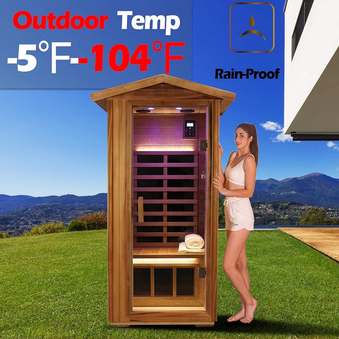 Thermora Premium 1 - Person Outdoor Red Cedar Infrared Sauna With Low EMF, Chromotherapy And Bluetooth (SAK32783) - Elite Recovery Wellness
