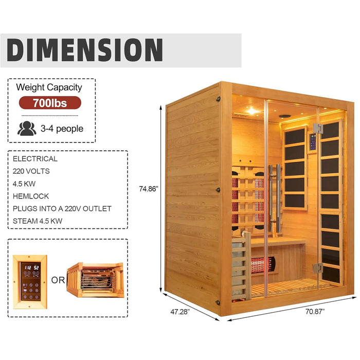 Rövia Aurora 3 - Person Indoor Hybrid Sauna Room With Infrared And 4.5KW Steam Heater (SAK41592) - Elite Recovery Wellness