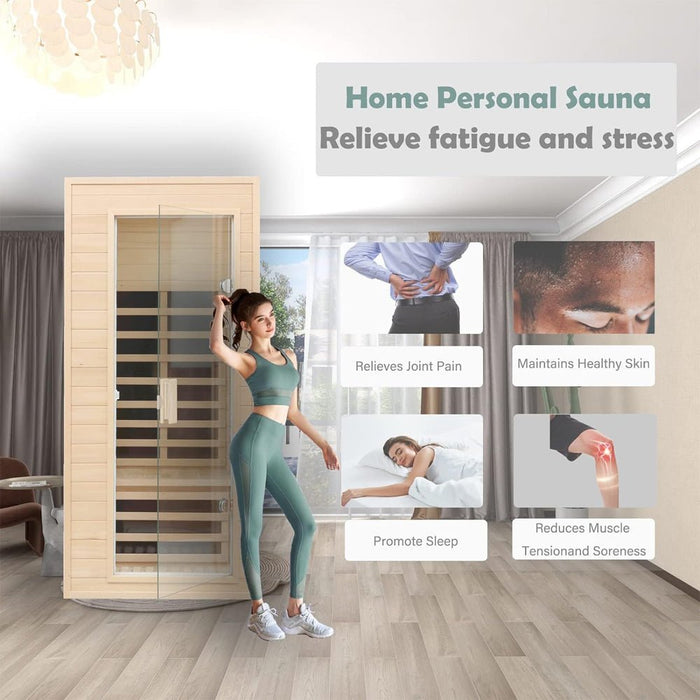 Thermora Elara Premium 1 - Person Indoor Low EMF FAR Infrared Heat Hemlock Wood Personal Home Spa Sauna, 1200W (SAK27463) - Elite Recovery Wellness