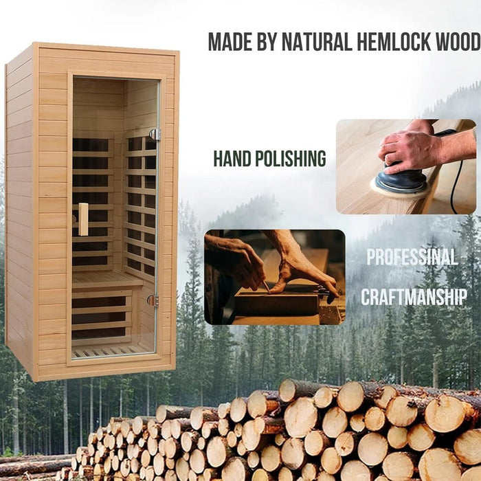 Thermora Elara Premium 1 - Person Indoor Low EMF FAR Infrared Heat Hemlock Wood Personal Home Spa Sauna, 1200W (SAK27463) - Elite Recovery Wellness