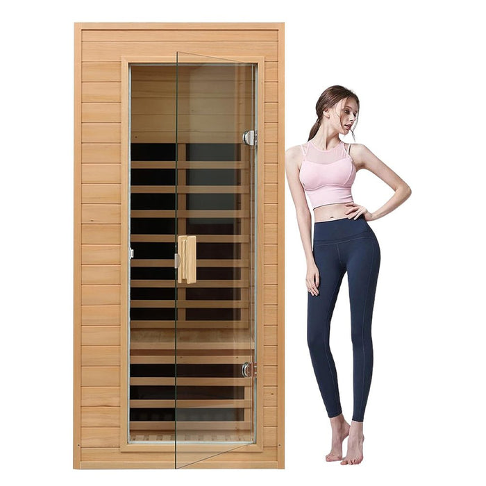 Thermora Elara Premium 1 - Person Indoor Low EMF FAR Infrared Heat Hemlock Wood Personal Home Spa Sauna, 1200W (SAK27463) - Elite Recovery Wellness