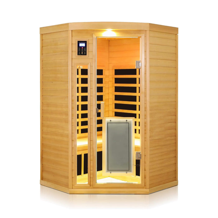 Thermora Norix Premium 2 - Person Corner Space Infrared Wooden Sauna Room With Bluetooth Speakers, 1600W (SAK81524) - Elite Recovery Wellness