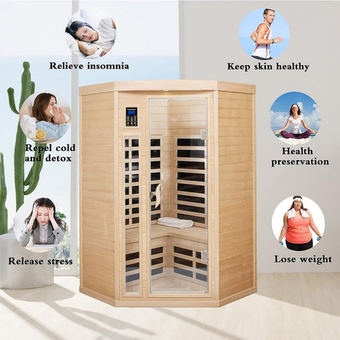 Thermora Norix Premium 2 - Person Corner Space Infrared Wooden Sauna Room With Bluetooth Speakers, 1600W (SAK81524) - Elite Recovery Wellness