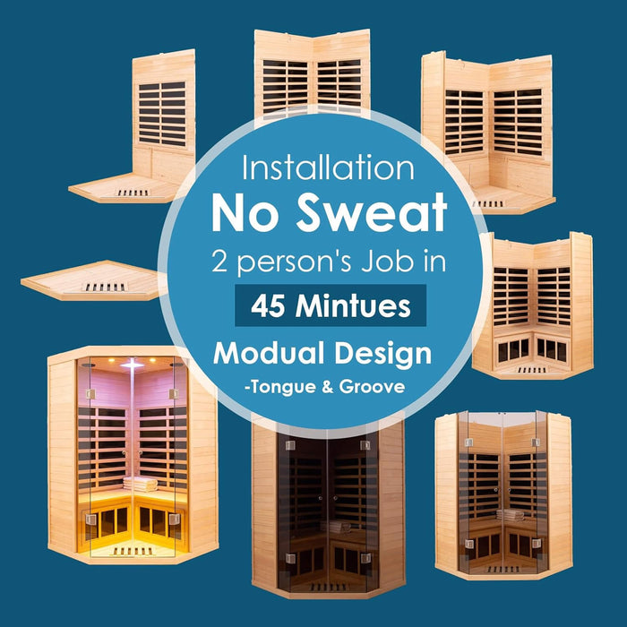 Thermora Norix Premium 2 - Person Corner Space Infrared Wooden Sauna Room With Bluetooth Speakers, 1600W (SAK81524) - Elite Recovery Wellness