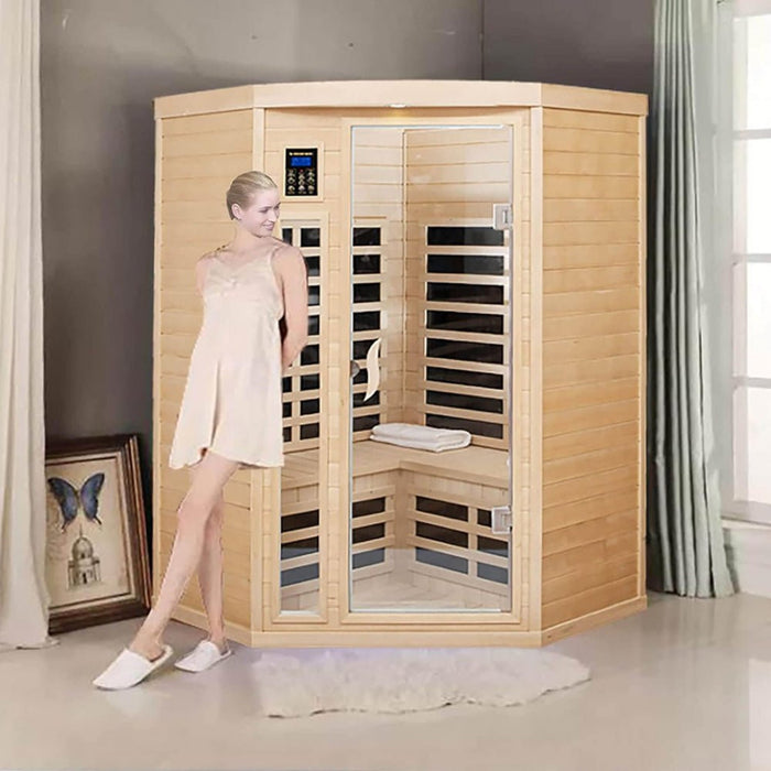 Thermora Norix Premium 2 - Person Corner Space Infrared Wooden Sauna Room With Bluetooth Speakers, 1600W (SAK81524) - Elite Recovery Wellness