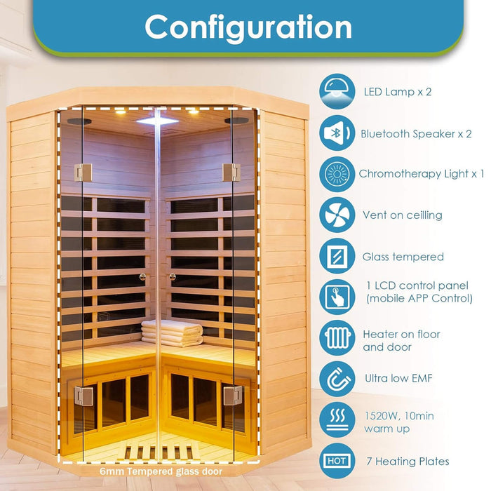 Thermora Norix Premium 2 - Person Corner Space Infrared Wooden Sauna Room With Bluetooth Speakers, 1600W (SAK81524) - Elite Recovery Wellness