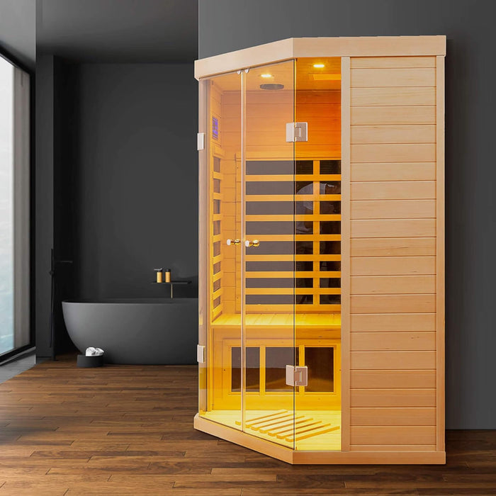 Thermora Norix Premium 2 - Person Corner Space Infrared Wooden Sauna Room With Bluetooth Speakers, 1600W (SAK81524) - Elite Recovery Wellness