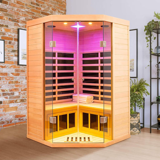 Thermora Norix Premium 2 - Person Corner Space Infrared Wooden Sauna Room With Bluetooth Speakers, 1600W (SAK81524) - Elite Recovery Wellness