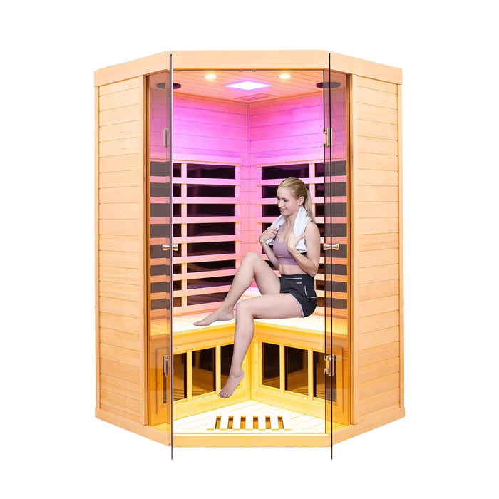 Thermora Norix Premium 2 - Person Corner Space Infrared Wooden Sauna Room With Bluetooth Speakers, 1600W (SAK81524) - Elite Recovery Wellness